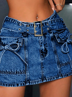Women's High waisted Blue Denim shorts Belted Drawstring pocketed Fashion Street Y2K style Trend Summer Essential Jeans