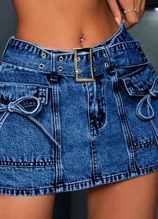 Women's High waisted Blue Denim shorts Belted Drawstring pocketed Fashion Street Y2K style Trend Summer Essential Jeans PlatiNum