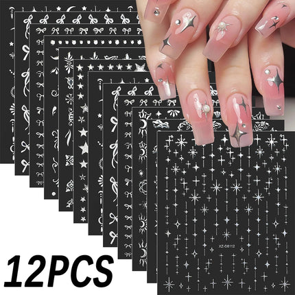12Pcs 3D Laser Silver Star Ribbon Nail Stickers Y2K Stars Moon Sun Self-Adhesive Slider Exquisite Flower Leaf DIY Manicure Decal