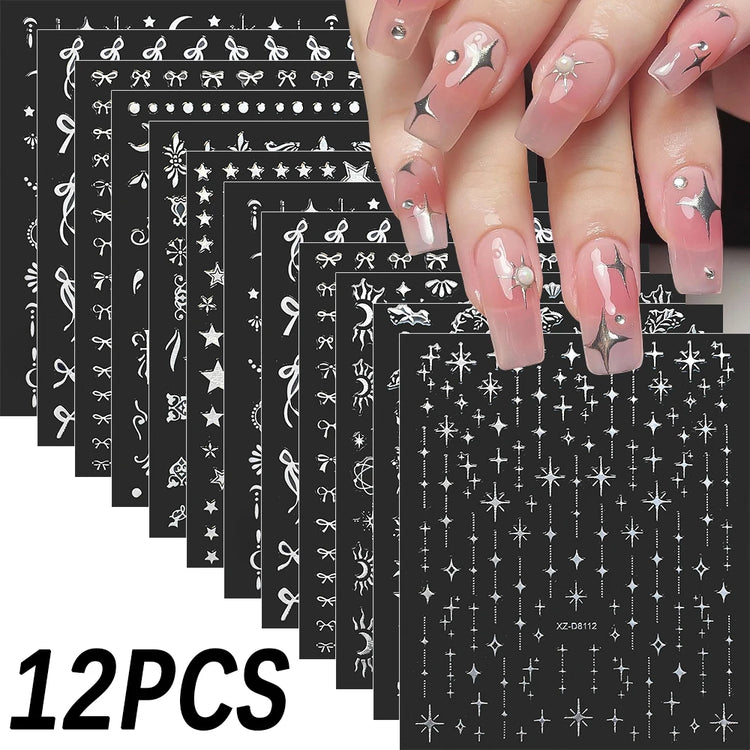 12Pcs 3D Laser Silver Star Ribbon Nail Stickers Y2K Stars Moon Sun Self-Adhesive Slider Exquisite Flower Leaf DIY Manicure Decal