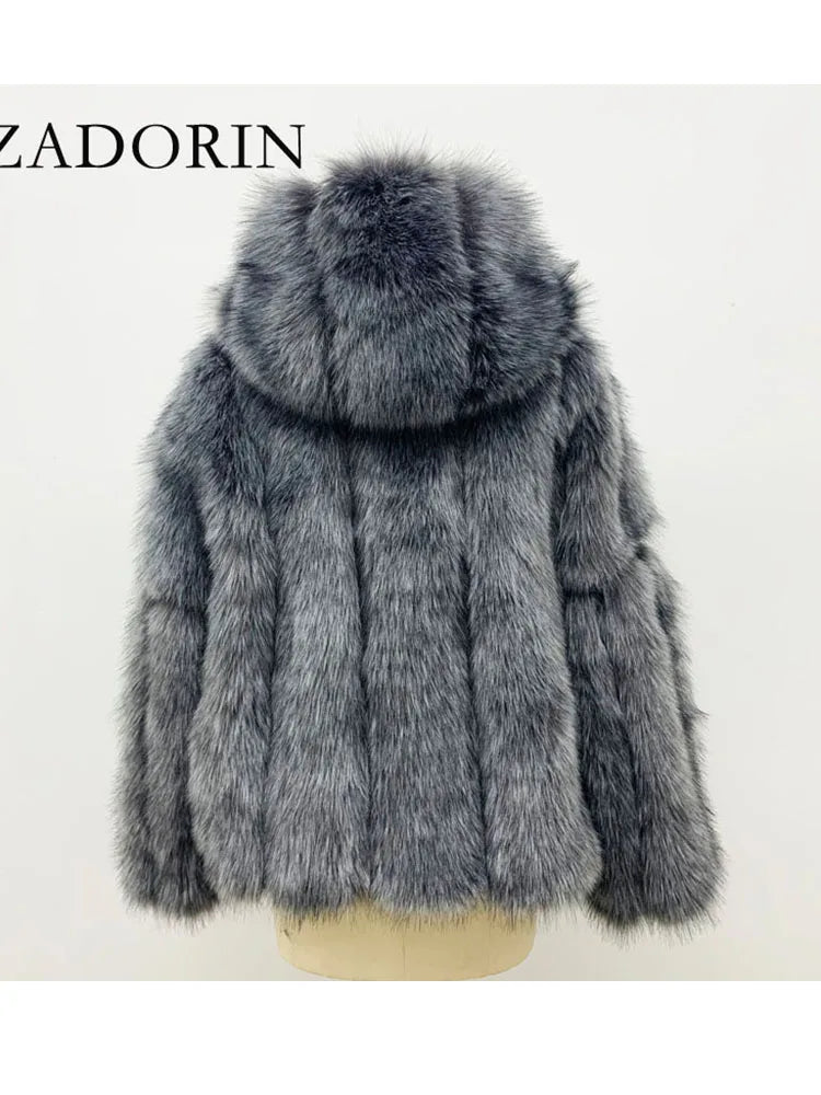 ZADORIN New Luxury Designer Faux Fur Coat Woman Hooded Zipper Furry Warm Winter Faux Fur Jacket Streetwear Fur Coats Woman Tops
