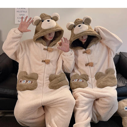 DAIMELU bear cartoon sleepwear long sleeved pajamas men winter thickened warm coral fleece flannel one-piece male loungewear set
