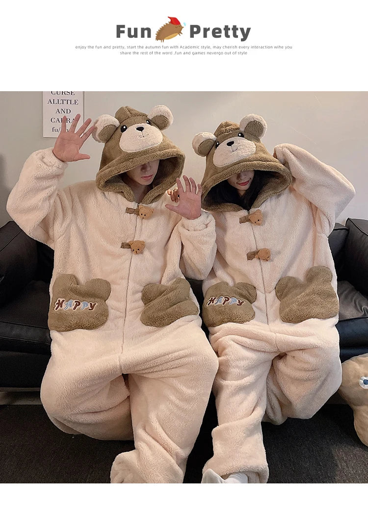 DAIMELU bear cartoon sleepwear long sleeved pajamas men winter thickened warm coral fleece flannel one-piece male loungewear set