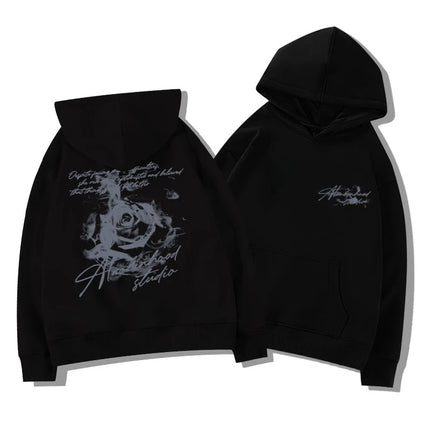 Letter patterned rose print hooded sweatshirt suitable for both men and womenOutdoor sports casual and fashionable long-sleeved
