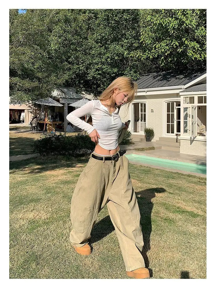 HOUZHOU Y2K Vintage Wash Donna Cargo Jeans Harajuku Scimitar Gamba larga Pantaloni in denim retrò americani Pantaloni larghi Gyaru Streetwear