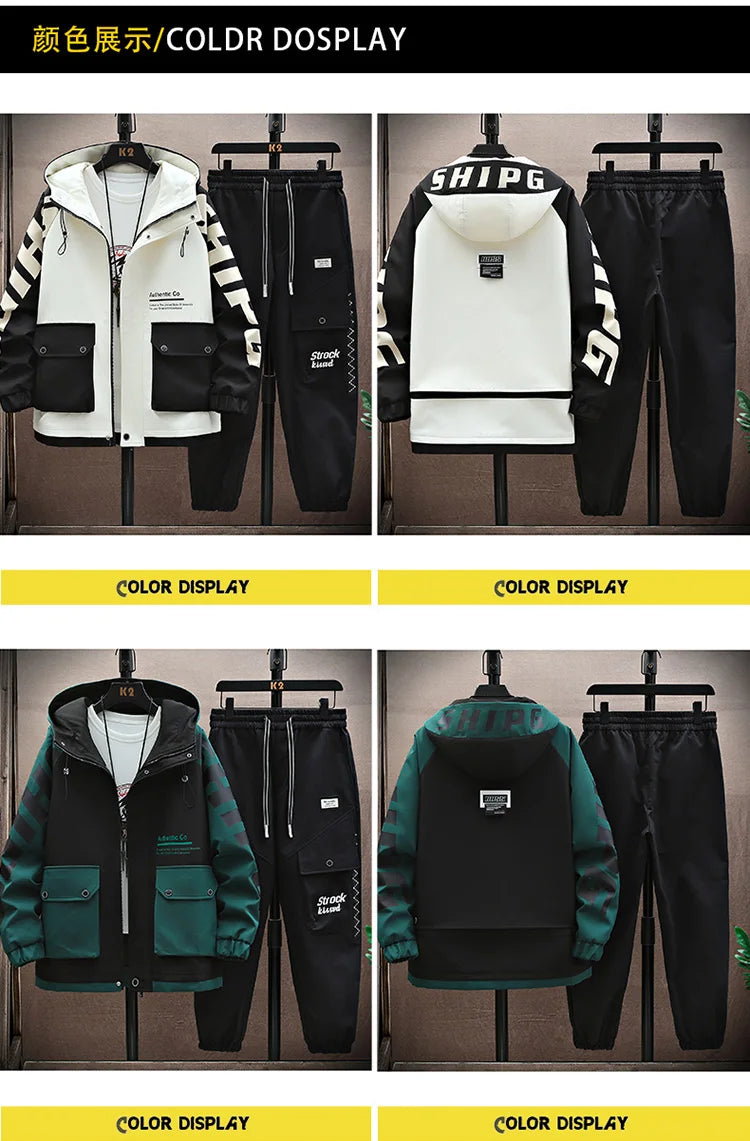 Spring Autumn Men Tracksuit Casual Joggers Hooded Sportswear Jackets Pants 2 Piece Sets Hip Hop Running Sports Suit