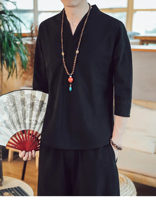 Kimono estivo stile giapponese manica corta uomo nuovo cotone a mezza manica lino traspirante abbigliamento uomo t-shirt giapponese Yukata top