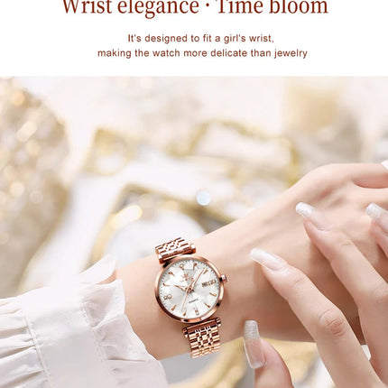 OLEVS 5536 Orologio da donna al quarzo con diamanti di marca di lusso Moda elegante orologio da donna impermeabile in oro rosa con bracciale Set Reloj Mujer platinumshop