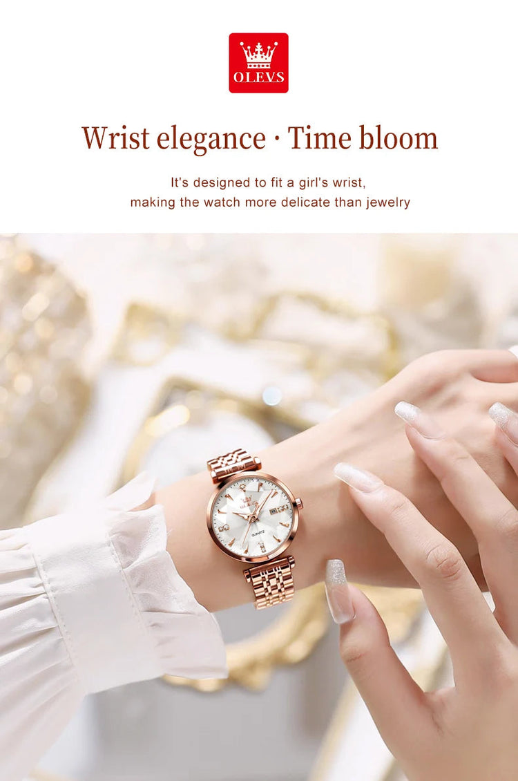 OLEVS 5536 Orologio da donna al quarzo con diamanti di marca di lusso Moda elegante orologio da donna impermeabile in oro rosa con bracciale Set Reloj Mujer platinumshop