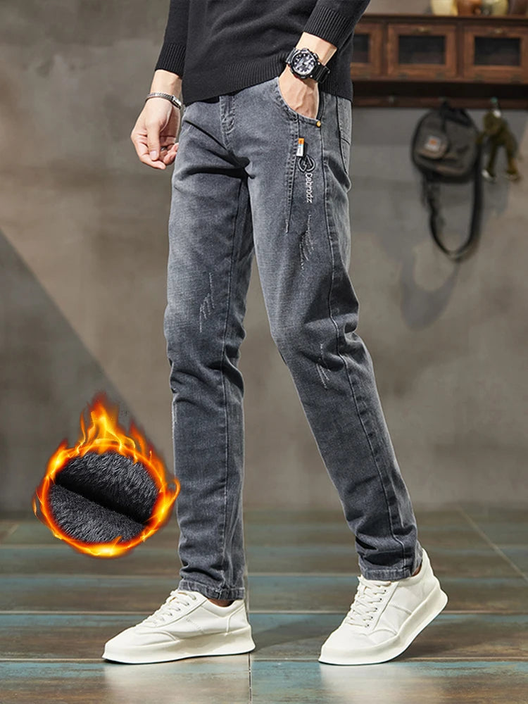 Men's Thick Winter Jeans Slim Elastic Velvet Warm Business Casual Trousers Fashion Vintage Straight Male Plush Denim Pants