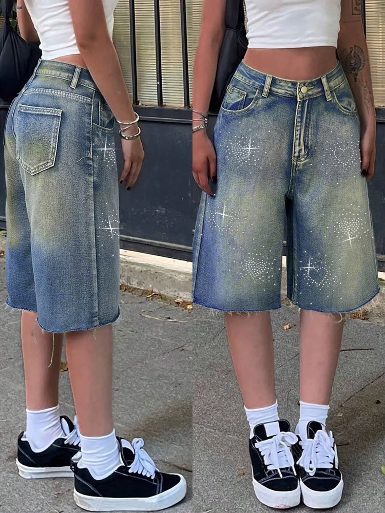 Shorts Female Jeans Women Jeans Denim Shorts Y2K Retro Slant Pocket Flared Hem Casual Wide Leg Summer PlatiNum