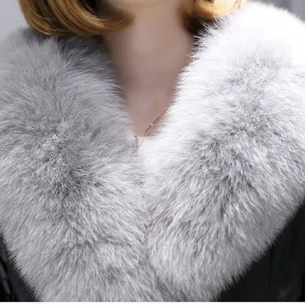 High quality Fashion Women Leather Jacket Short Faux Fox Fur Collar Slim Thick Warm Winter Coat Overcoat Motorcycle clothing