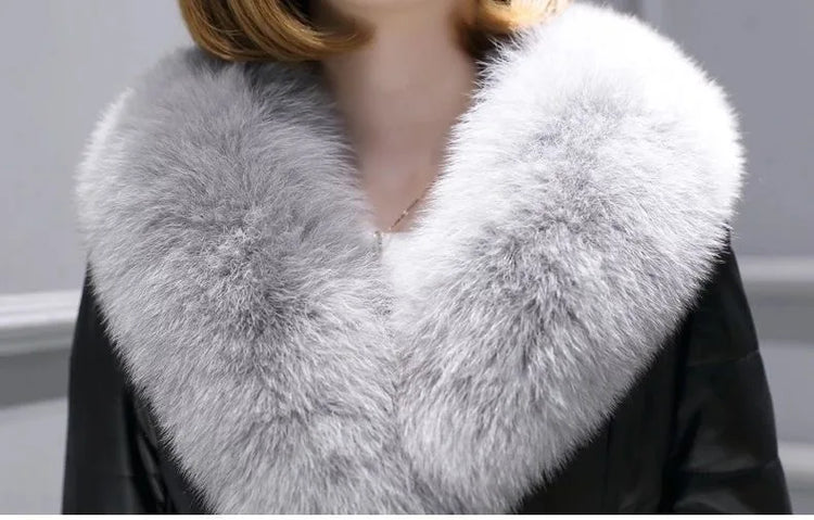 High quality Fashion Women Leather Jacket Short Faux Fox Fur Collar Slim Thick Warm Winter Coat Overcoat Motorcycle clothing