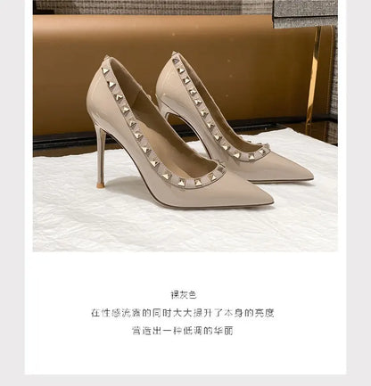 Women's High Heels Black Genuine Leather Rivet Pointed toe pumps luxury designer high quality Shoes Elegant woman heeled shoes
