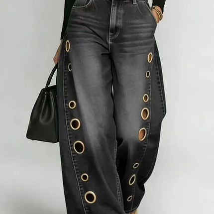 Jeans da Donna a Gamba Larga, Vita Media, con Dettagli Traforati, Effetto Vintage, Stile High Street, Eleganti, da Lavoro, Casual, Pantaloni Dritti