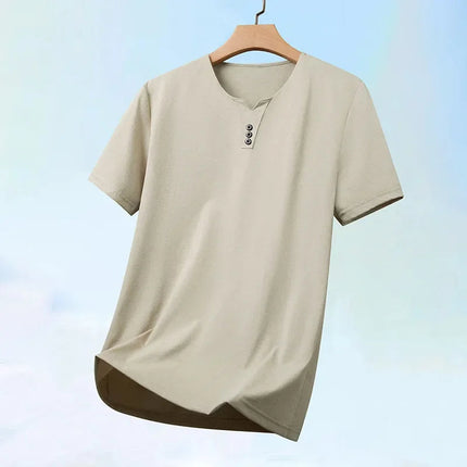 2025 New Men's Business Casual Three Button V-neck Short Sleeved T-shirt Korean Style Summer Comfortable Versatile Top PlatiNum
