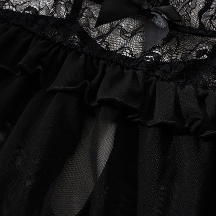 Lingerie sexy nera trasparente, camicia da notte in pizzo da donna, camicia da notte sexy senza maniche da donna con tessuto a rete, scollo a V.lingerie