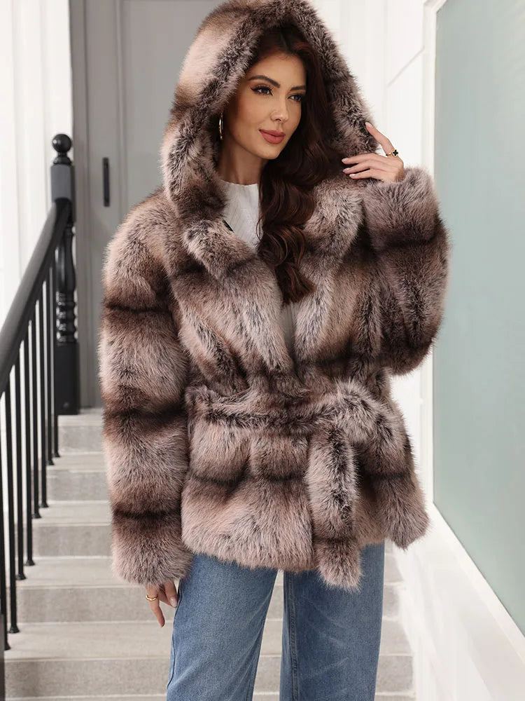 ZADORIN New Stripes Winter Fur Coats Woman Mid Long Hooded Warm Loose Faux Fur Coat For Woman Elegant Belted Fluffy Fur Jacket