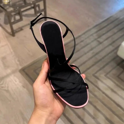 Satin Color Block Stiletto Fashionable High Heels with One Belt 2026 New Summer Sexy Temperament Versatile Sandals PlatiNum