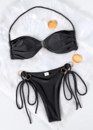 Set Bikini a Fascia da Donna con Pieghe, Costume da Bagno Sexy con Laccetti, Bikini Brasiliano con Bendaggio, Abbigliamento da Spiaggia platinumshop