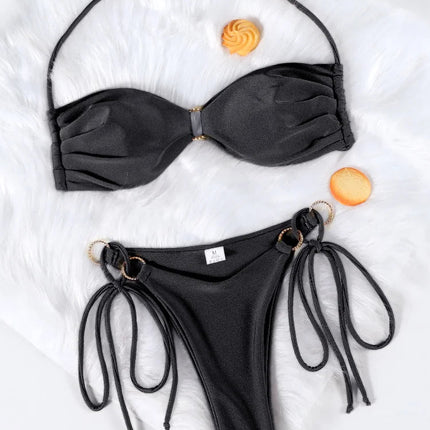 Set Bikini a Fascia da Donna con Pieghe, Costume da Bagno Sexy con Laccetti, Bikini Brasiliano con Bendaggio, Abbigliamento da Spiaggia platinumshop