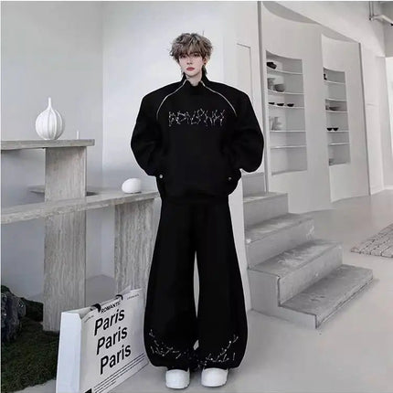 LUZHEN Fashion Street Two-piece Sets Men's Zipper Shoulder Design Long Sleeve Sweatshirt 2025 Autumn Loose Wide Leg Pants JY3912 PlatiNum