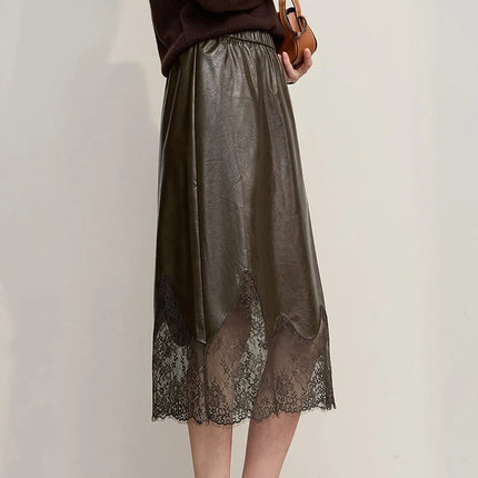 AMII Women's Skirt 2025 Autumn New Minimalist Versatile Clothing Ladies Leather Splicing Lace Solid A-line Midi Skirt 12543095 PlatiNum