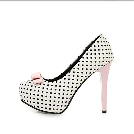 Sexy Super High Heels Women Platform Pumps Polka dot Bow Party Dress Shoes Woman Elegant Wedding Shoes Female 12cm Stilettos PlatiNum