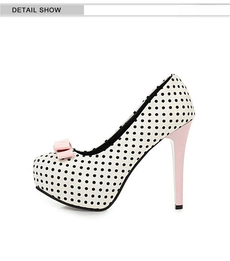 Sexy Super High Heels Women Platform Pumps Polka dot Bow Party Dress Shoes Woman Elegant Wedding Shoes Female 12cm Stilettos PlatiNum