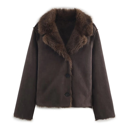 Retro Black Fur Patchwork Woolen Coat Women Chic Full Sleeve V-neck Lace Up Loose Long Overcoat 2025 Lady Winter Commute Outwear