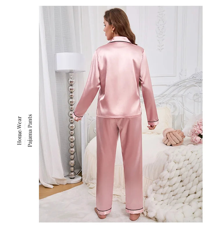 Pigiama da donna Completo da notte Completo da pigiama Pj Set Top a maniche lunghe in raso con pantaloni Pigiama da 2 pezzi Pigiama da donna