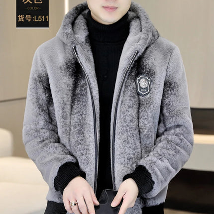 Autumn Winter Faux Fur Hooded Jacket Men Fashion Social Faux Mink Fur Casual Business Jacket Thick Warm Outdoor Windproof Coat