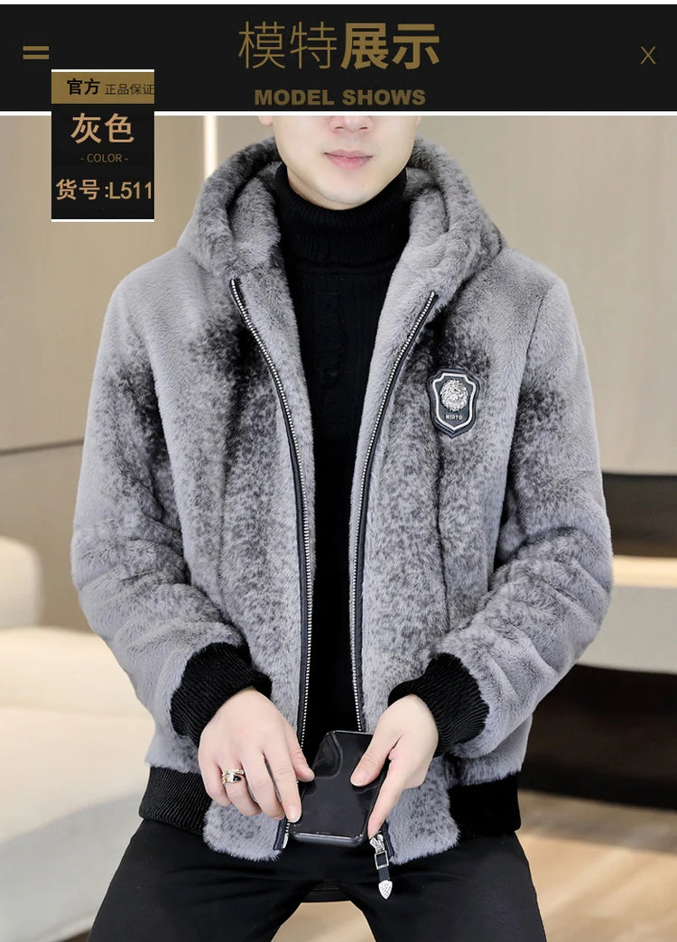 Autumn Winter Faux Fur Hooded Jacket Men Fashion Social Faux Mink Fur Casual Business Jacket Thick Warm Outdoor Windproof Coat