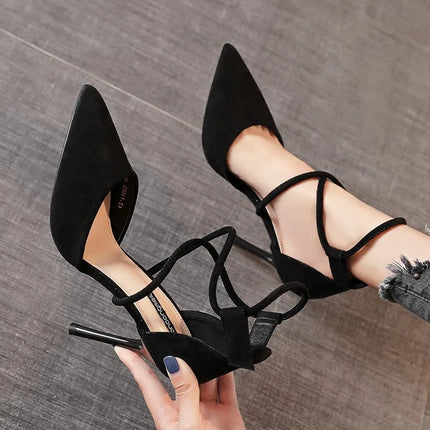 2021 Estate europea e americana pelle scamosciata a punta croce cinturino scarpe tacco alto banchetto da donna discoteca sandali sexy con tacco sottile