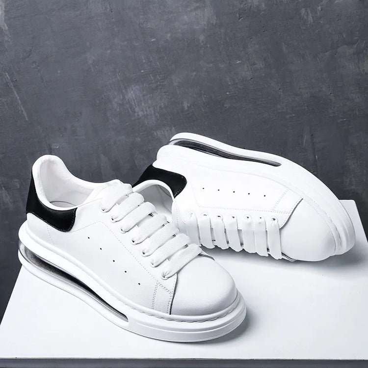 Korean street style men casual original leather shoes black white flats platform shoe comfort air cushion sneakers mans footwear