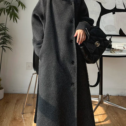 Korean Fashion Dark Gray Stand Collar 100%Wool Coat Women Long Winter Jacket