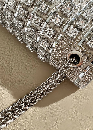 Fashionable Retro Diamond Studded Gold Chain Women's Crossbody Bag Handbag Dinner Bag Underarm Bag Single Shoulder Bag PlatiNum