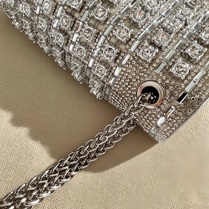 Fashionable Retro Diamond Studded Gold Chain Women's Crossbody Bag Handbag Dinner Bag Underarm Bag Single Shoulder Bag PlatiNum
