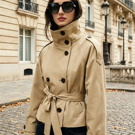 Belted Waist Cropped Trench Jackets Women Double Breasted Stand Collar Coats 2025 Autumn Chic Casual Vintage Jacket Women Cloth