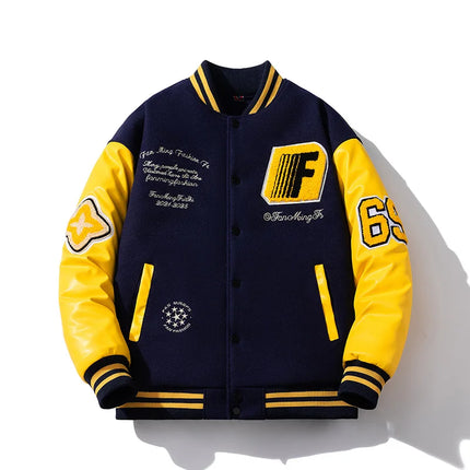 Winter Loose bomber jacket Men Woolen Retro Cotton Liner parkas couple streetwear PU leather sleeves baseball jacket chaquetas