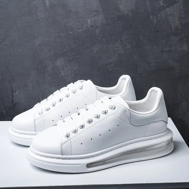 Korean street style men casual original leather shoes black white flats platform shoe comfort air cushion sneakers mans footwear