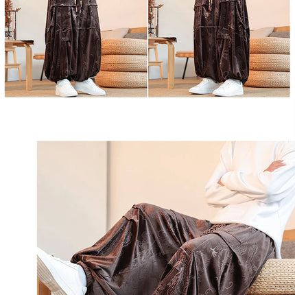 Pantaloni di velluto da uomo autunno inverno retrò drago stampa pantaloni larghi da uomo stile cinese pantaloni casual a gamba larga per uomo taglie forti 5XL
