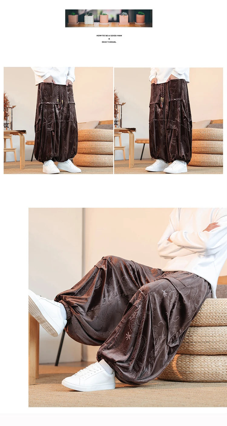 Pantaloni di velluto da uomo autunno inverno retrò drago stampa pantaloni larghi da uomo stile cinese pantaloni casual a gamba larga per uomo taglie forti 5XL