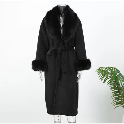 Retro Black Fur Patchwork Woolen Coat Women Chic Full Sleeve V-neck Lace Up Loose Long Overcoat 2025 Lady Winter Commute Outwear