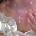 Shiny Crystal Zircon Cross Pendant Necklace for Women Girls Punk Silver Color Thin Chain Necklace Party Jewelry Birthday Gift PlatiNum