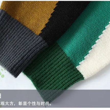 Autumn Winter Warm Mens Knitted Sweaters Fashion Patchwork O Neck Knit Pullovers Korean Streetwear Pullover Casual Mens Clothing