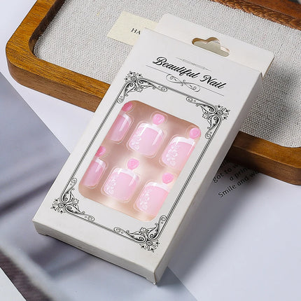 24pcs French Flower Fake Toenails Short Square White Border Press On Nail Tips With 1Jelly Stickers Full Coverage False Nail Tip