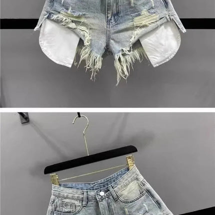 Tassel Piercing Denim Shorts for Women 2026 Summer New Style Spicy Girl High Waist Show Thin A-line Wide Leg Cowboy Short Pants PlatiNum