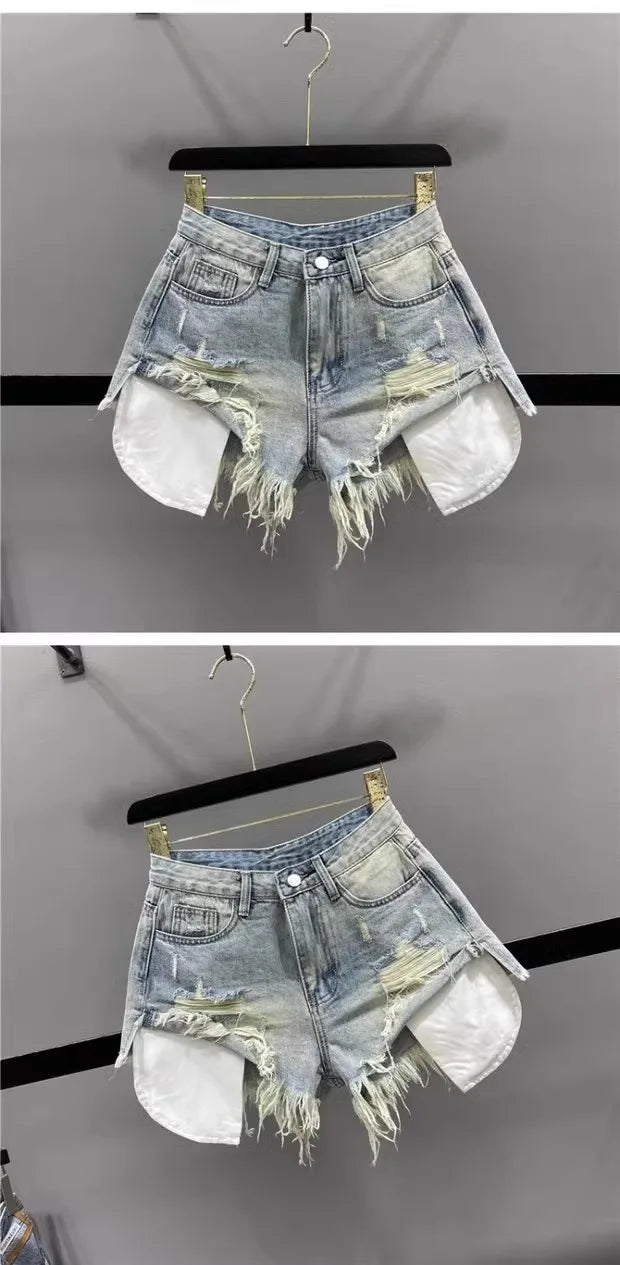 Tassel Piercing Denim Shorts for Women 2026 Summer New Style Spicy Girl High Waist Show Thin A-line Wide Leg Cowboy Short Pants PlatiNum