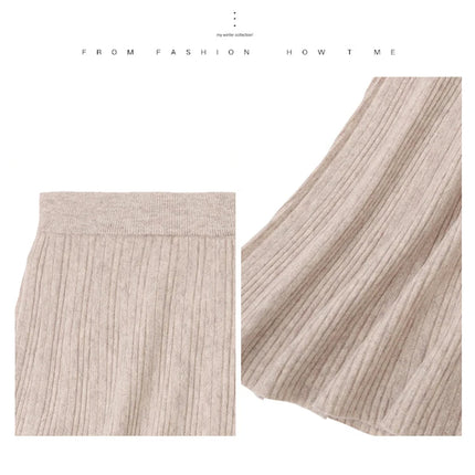 Women's 35% Cashmere 65% Wool Thickened Elastic-Waist Solid-Color Pleated Skirt, Warm & Slim-Fit PlatiNum